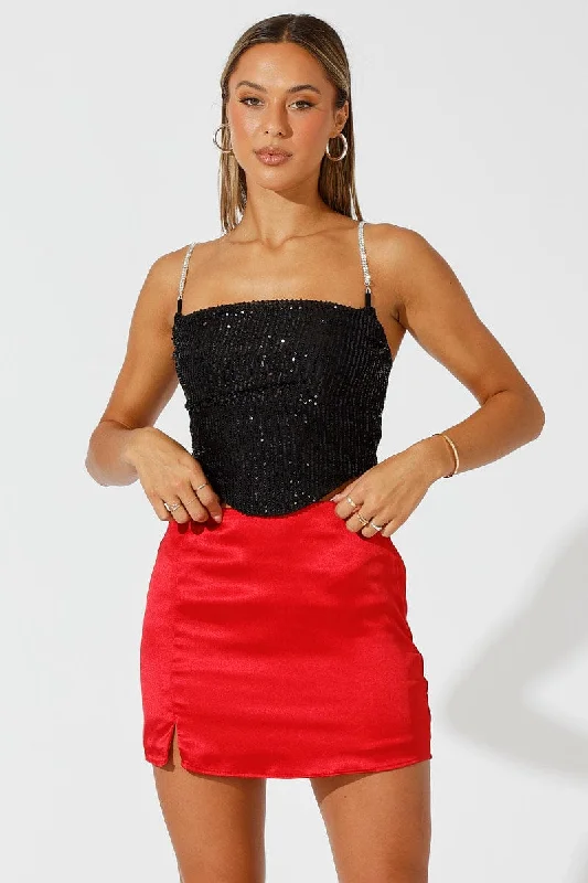 Red Mini Skirt High Rise Satin